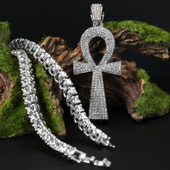 Cubic-Zirconia Thick Egyptian Ankh Pendant Silver Plated Tennis 18" Chain Choker