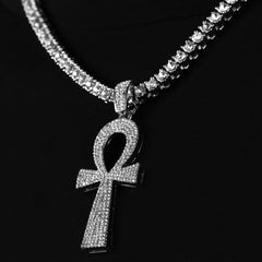 Cubic-Zirconia Thick Egyptian Ankh Pendant Silver Plated Tennis 18" Chain Choker