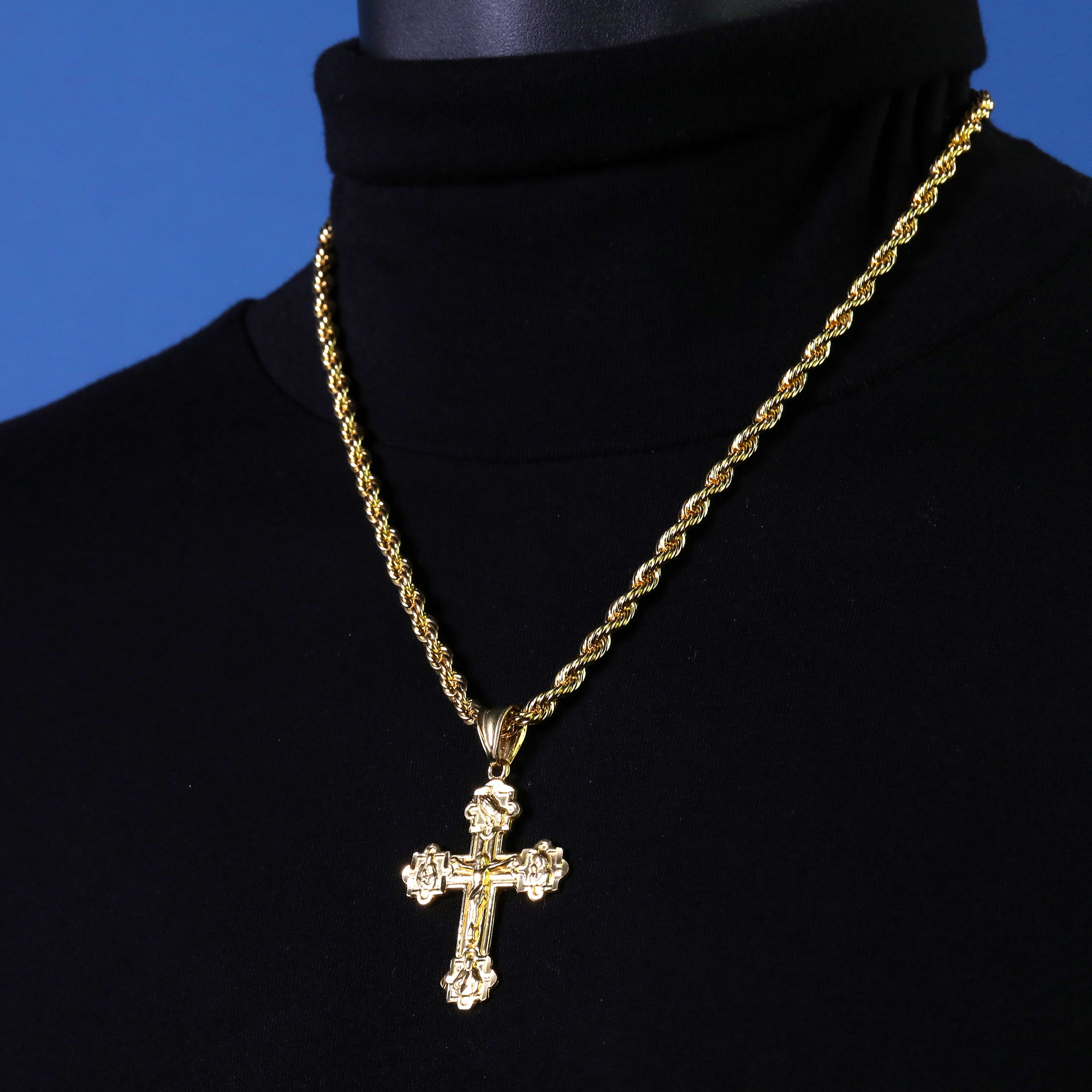 Four Prayers Cross Pendant Rope Chain 14k Gold Plated