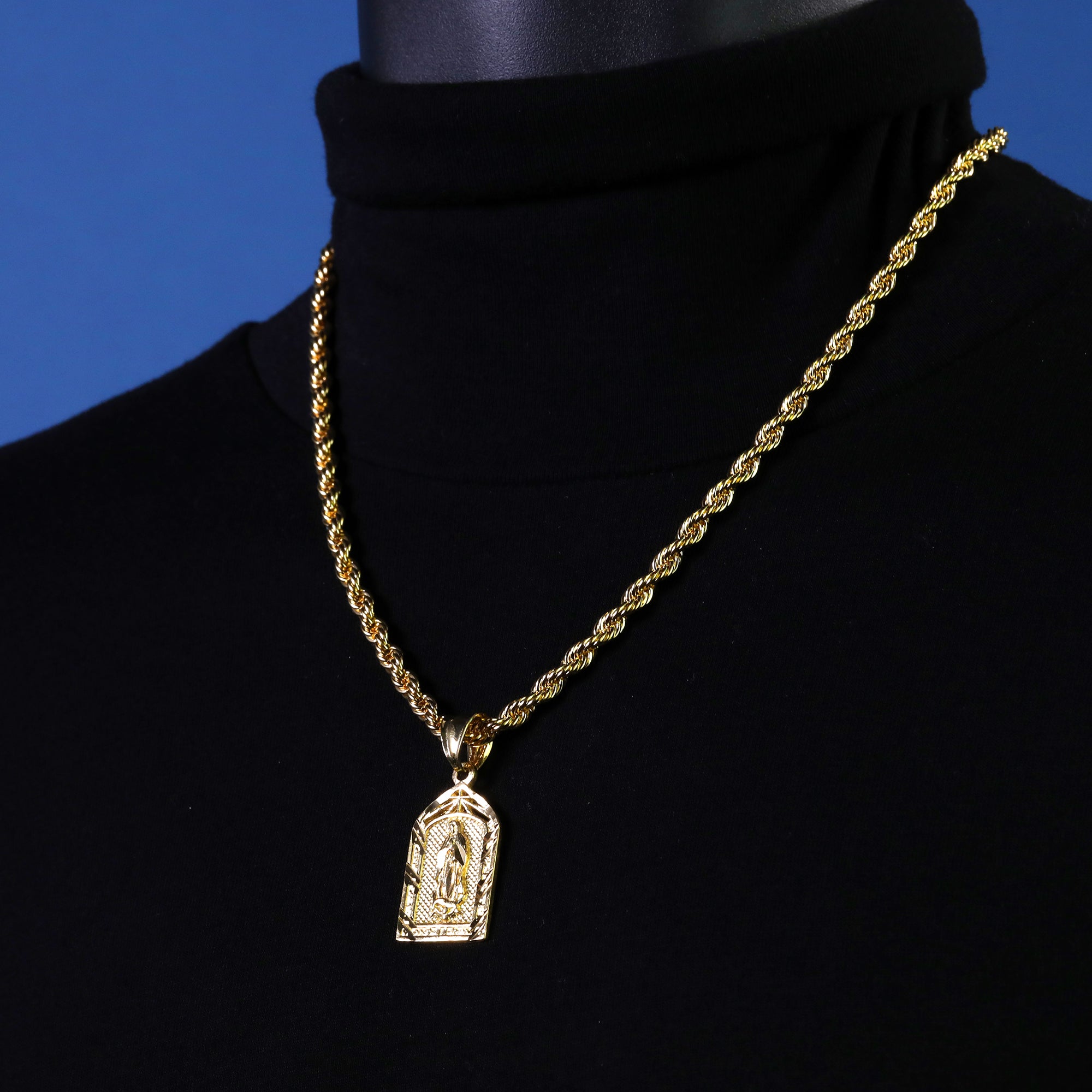 Virgin Mary Temple Pendant Rope Chain 14k Gold Plated