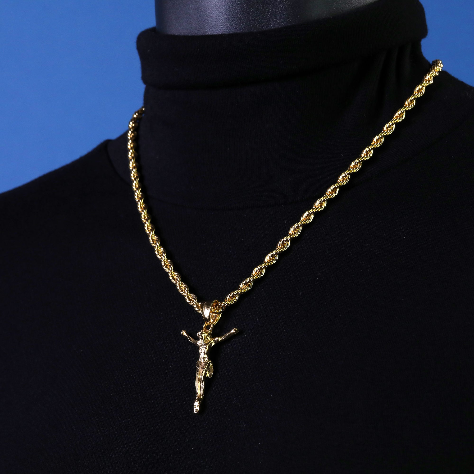 Jesus Crucifix Pendant Rope Chain 14k Gold Plated