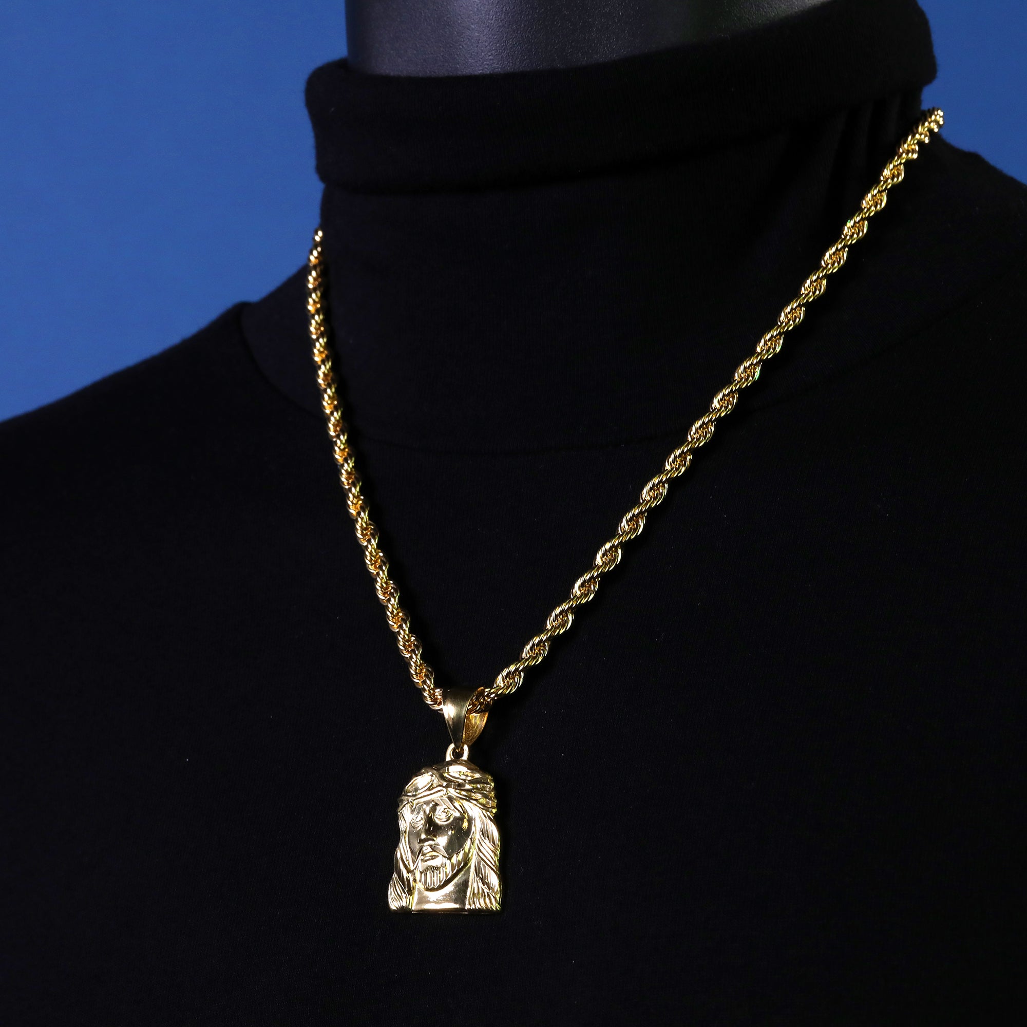 Jesus Wide Face Pendant Rope Chain 14k Gold Plated