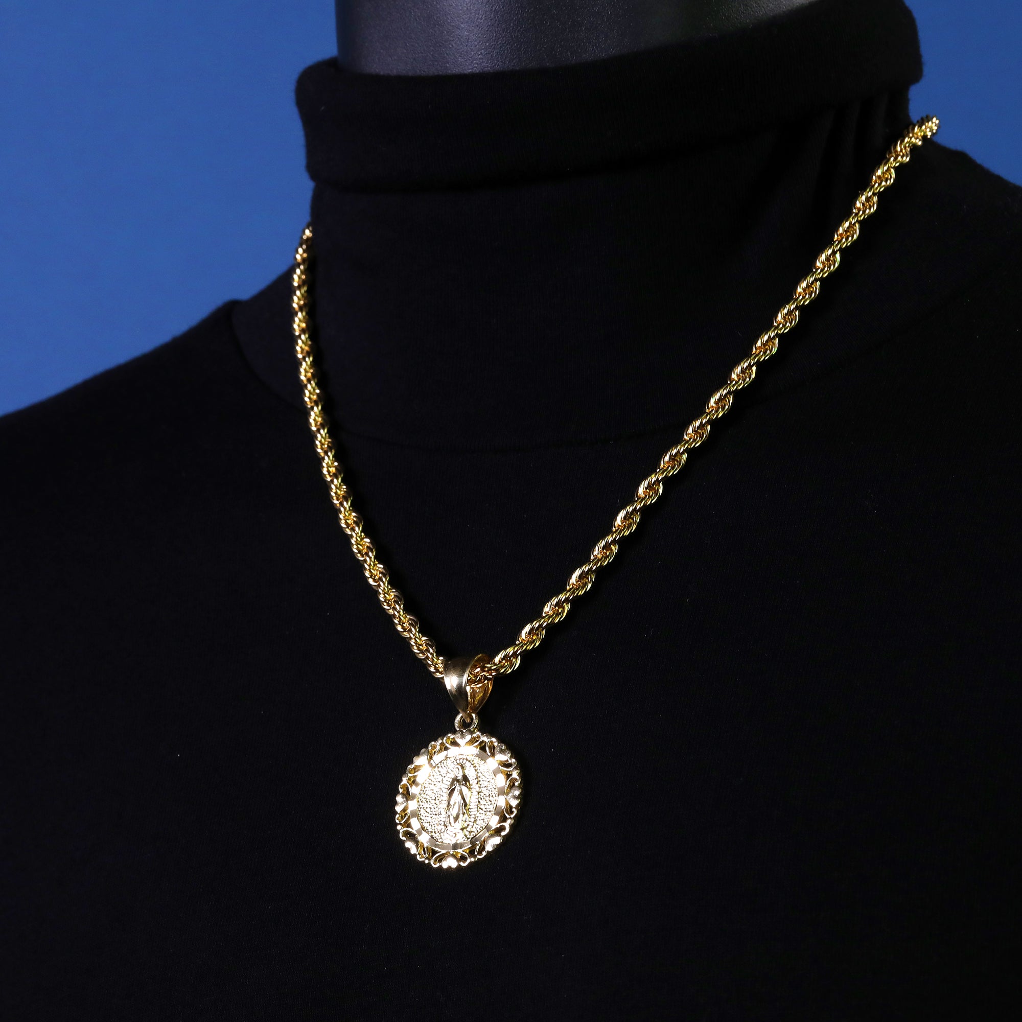 Heart Virgin Mary Pendant Rope Chain 14k Gold Plated