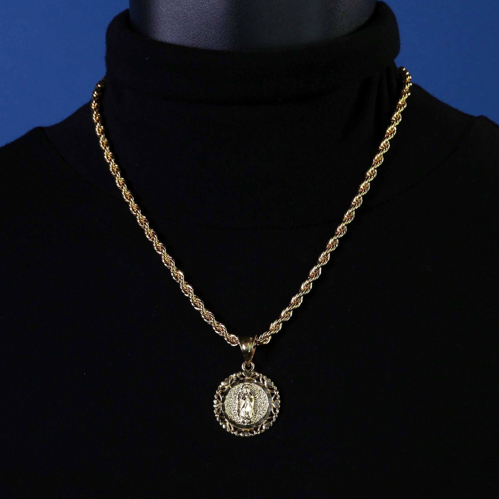 Heart Virgin Mary Pendant Rope Chain 14k Gold Plated