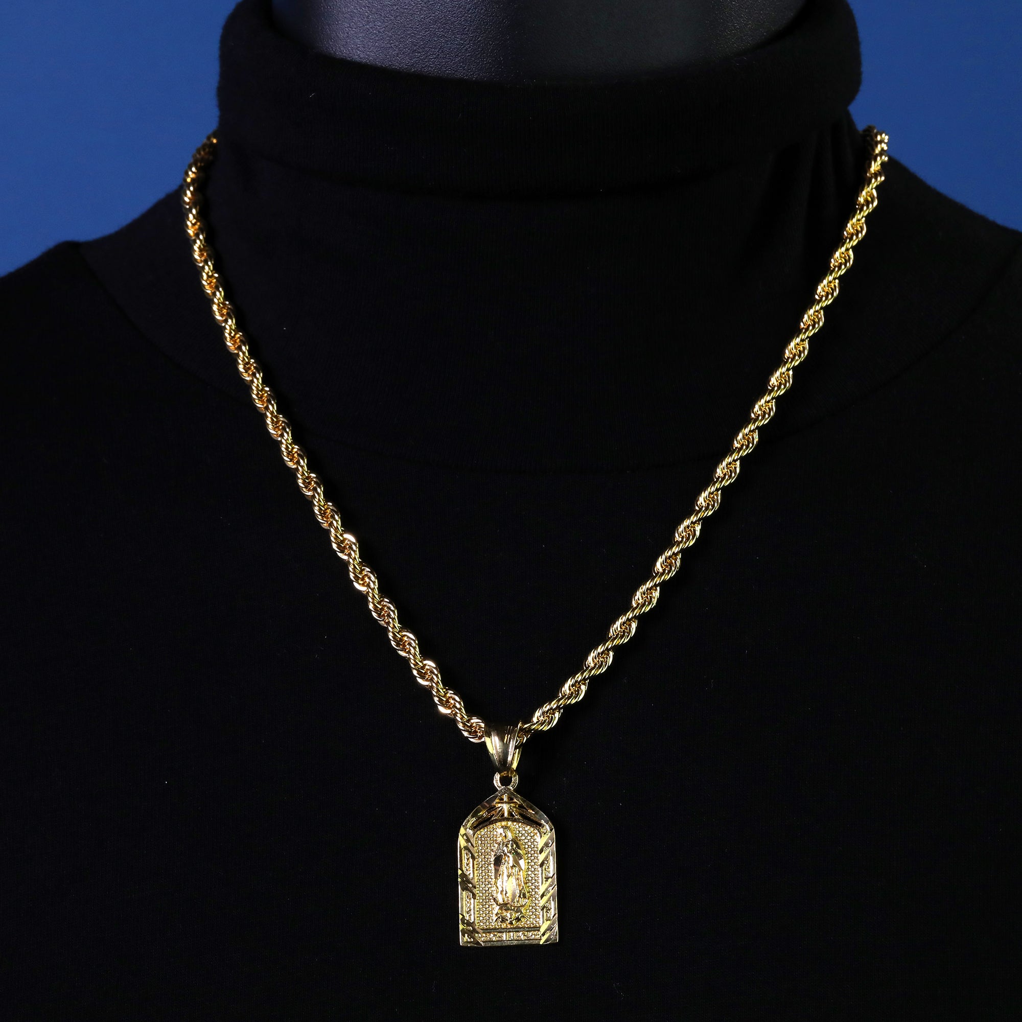 Virgin Mary Temple Pendant Rope Chain 14k Gold Plated