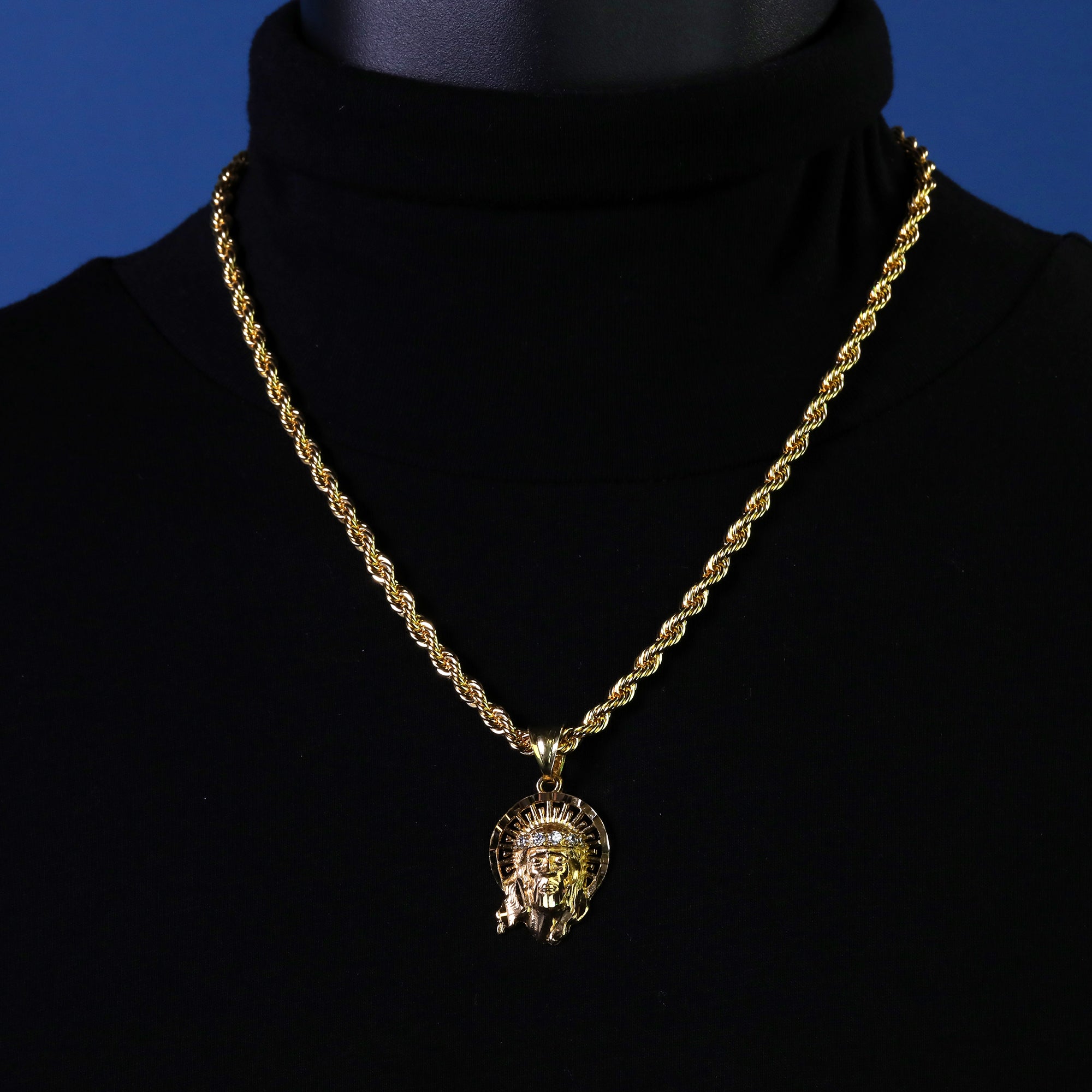Jesus Halo Pendant Rope Chain 14k Gold Plated