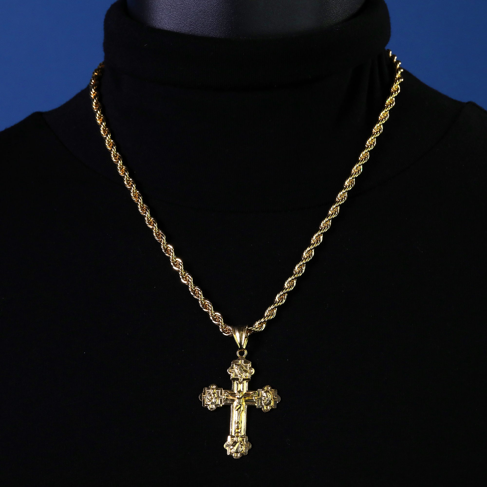 Four Prayers Cross Pendant Rope Chain 14k Gold Plated