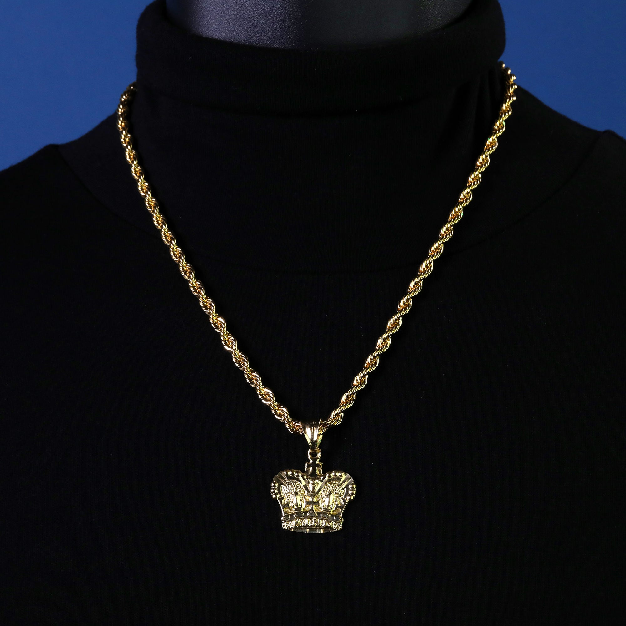 Royal Crown Pendant Rope Chain 14k Gold Plated