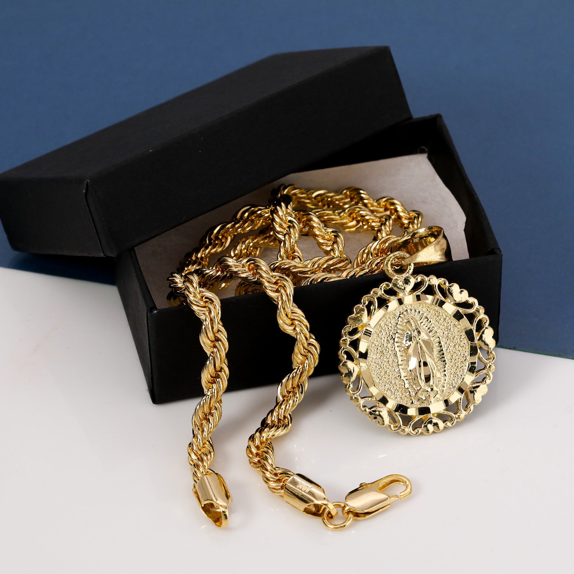 Heart Virgin Mary Pendant Rope Chain 14k Gold Plated