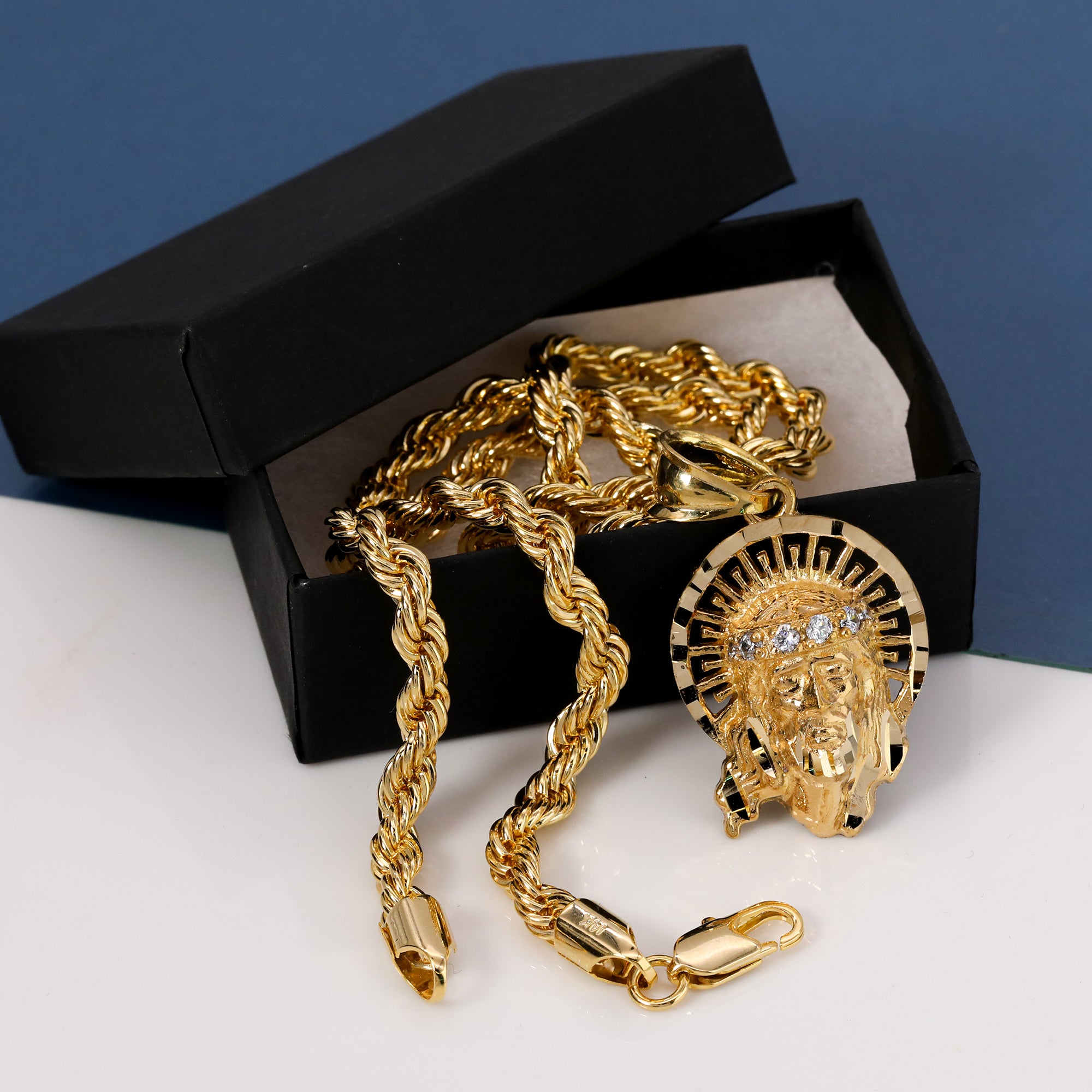 Jesus Halo Pendant Rope Chain 14k Gold Plated
