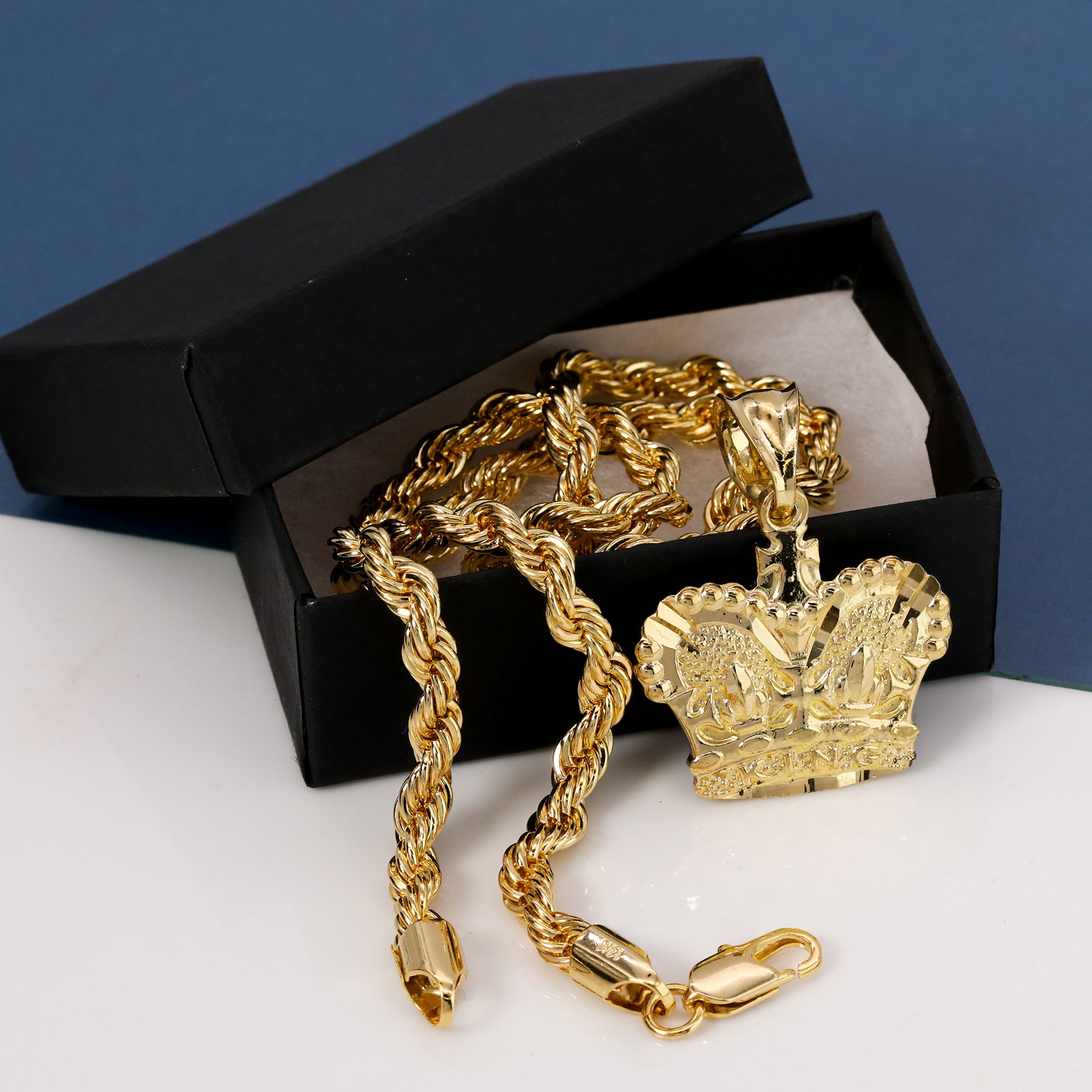 Royal Crown Pendant Rope Chain 14k Gold Plated