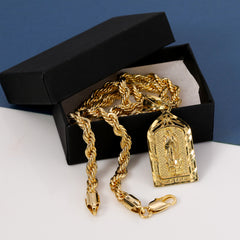 Virgin Mary Temple Pendant Rope Chain 14k Gold Plated
