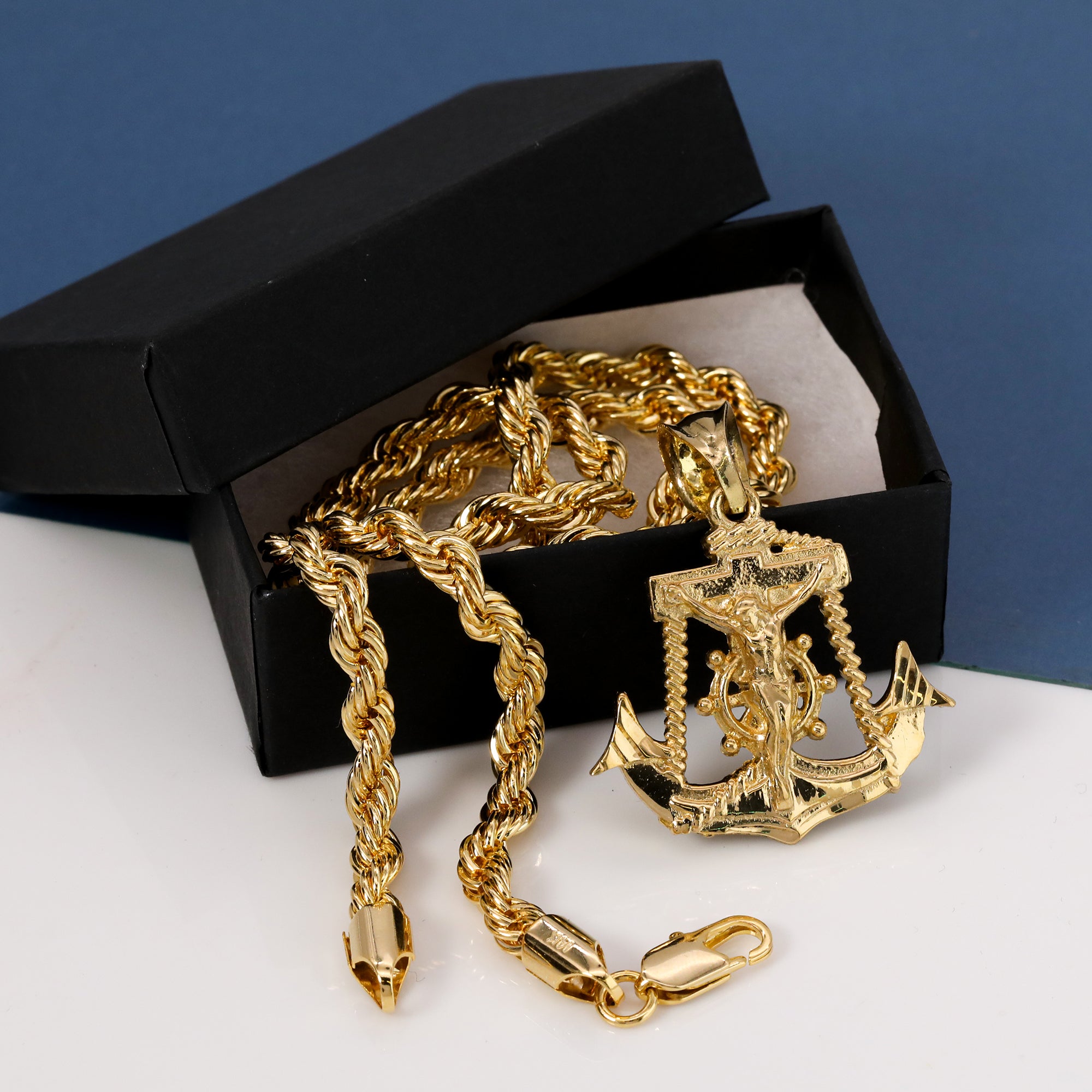 Anchor Jesus Pendant Rope Chain 14k Gold Plated