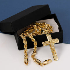Nugget Jesus Cross Pendant Rope Chain 14k Gold Plated
