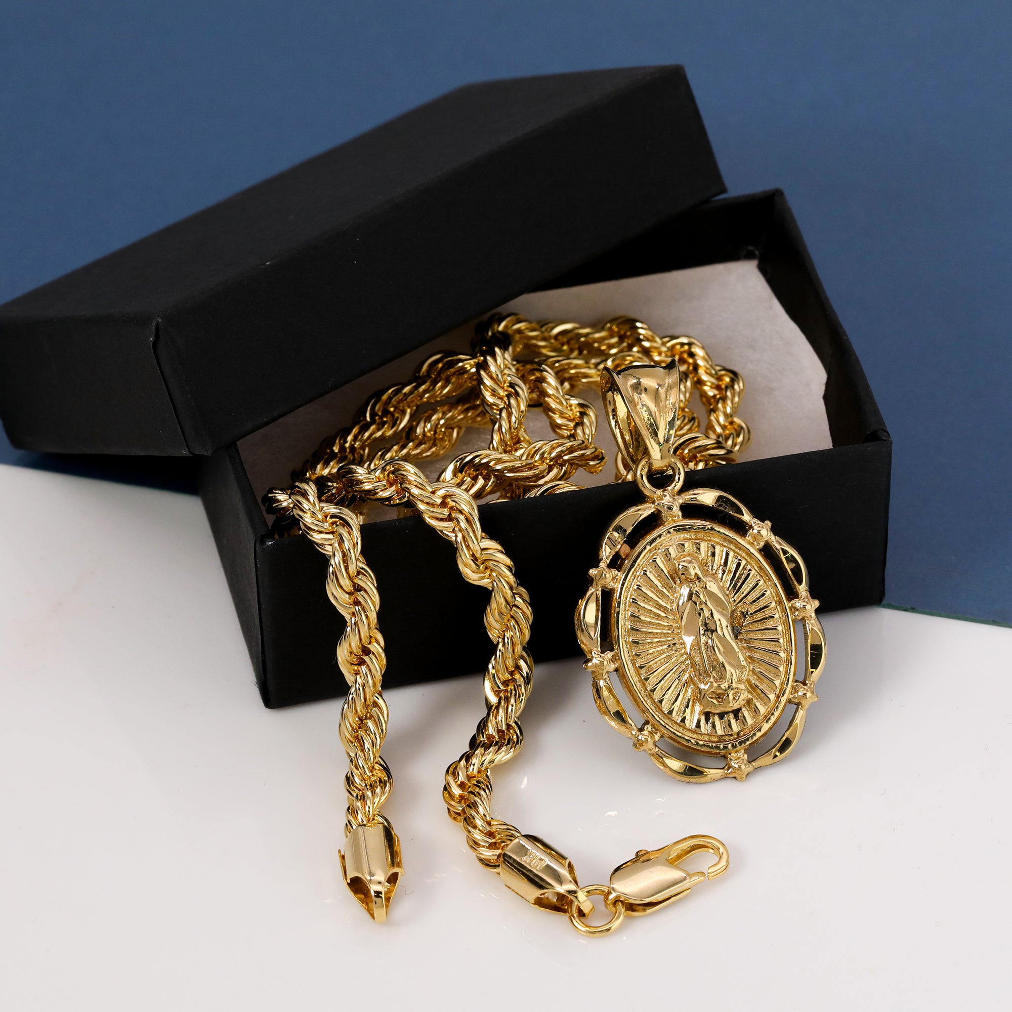 Hollow Round Virgin Mary Pendant Rope Chain 14k Gold Plated
