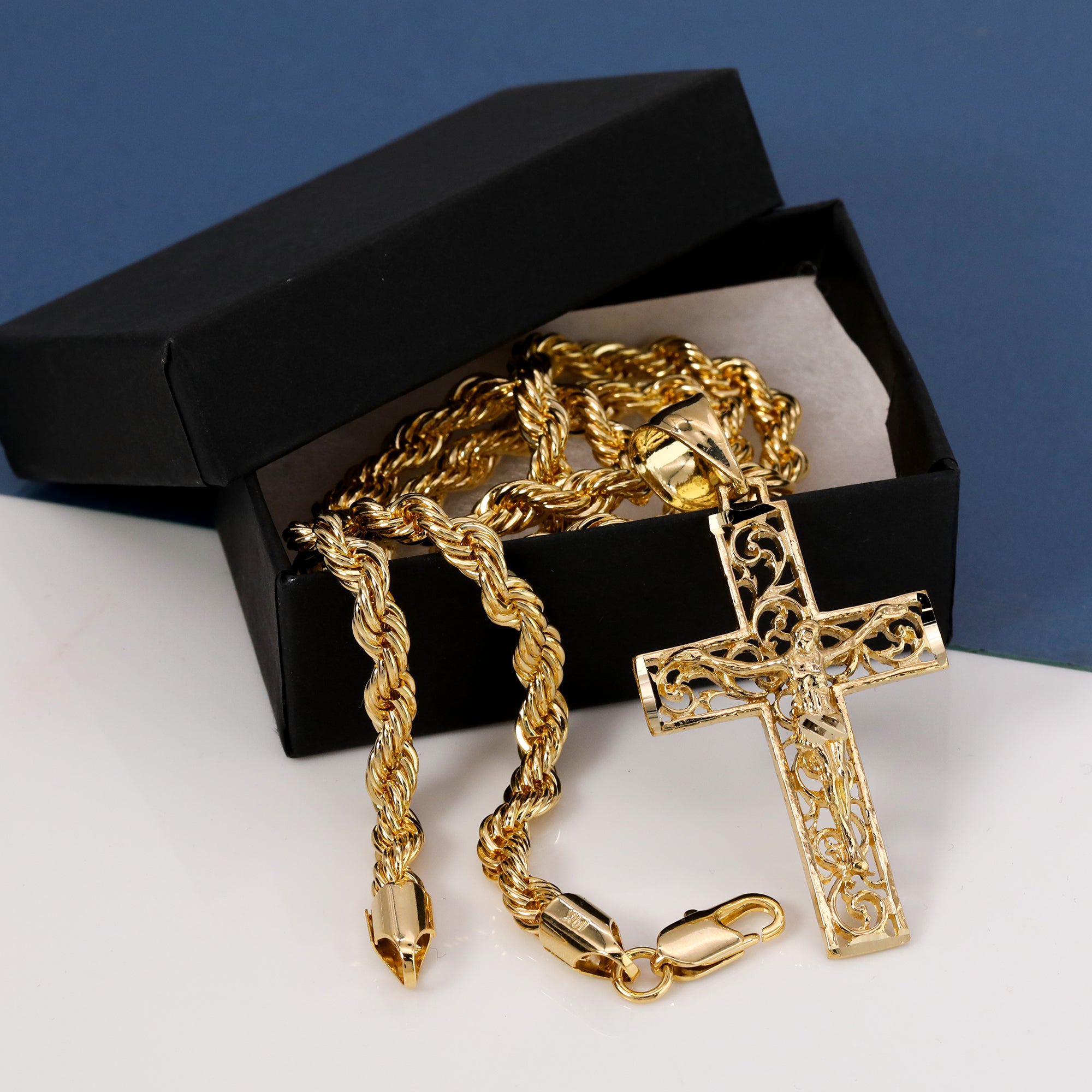 Jesus Hollow Cross Pendant Rope Chain 14k Gold Plated