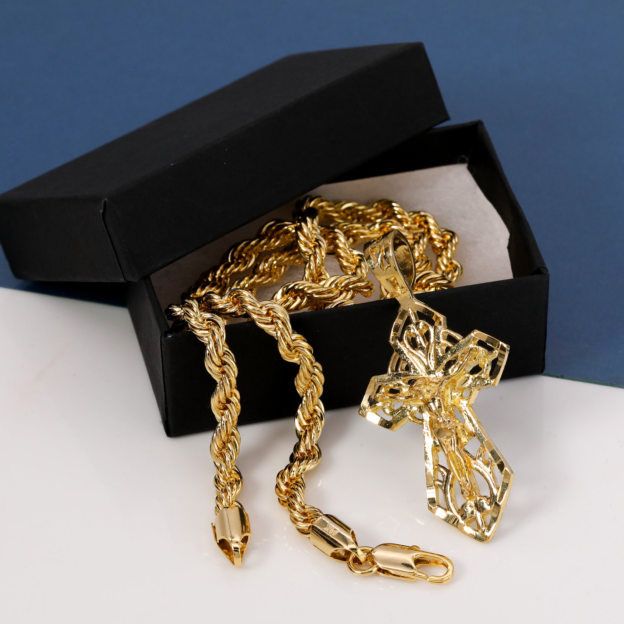 Sharp Hollow Cross Pendant Rope Chain 14k Gold Plated