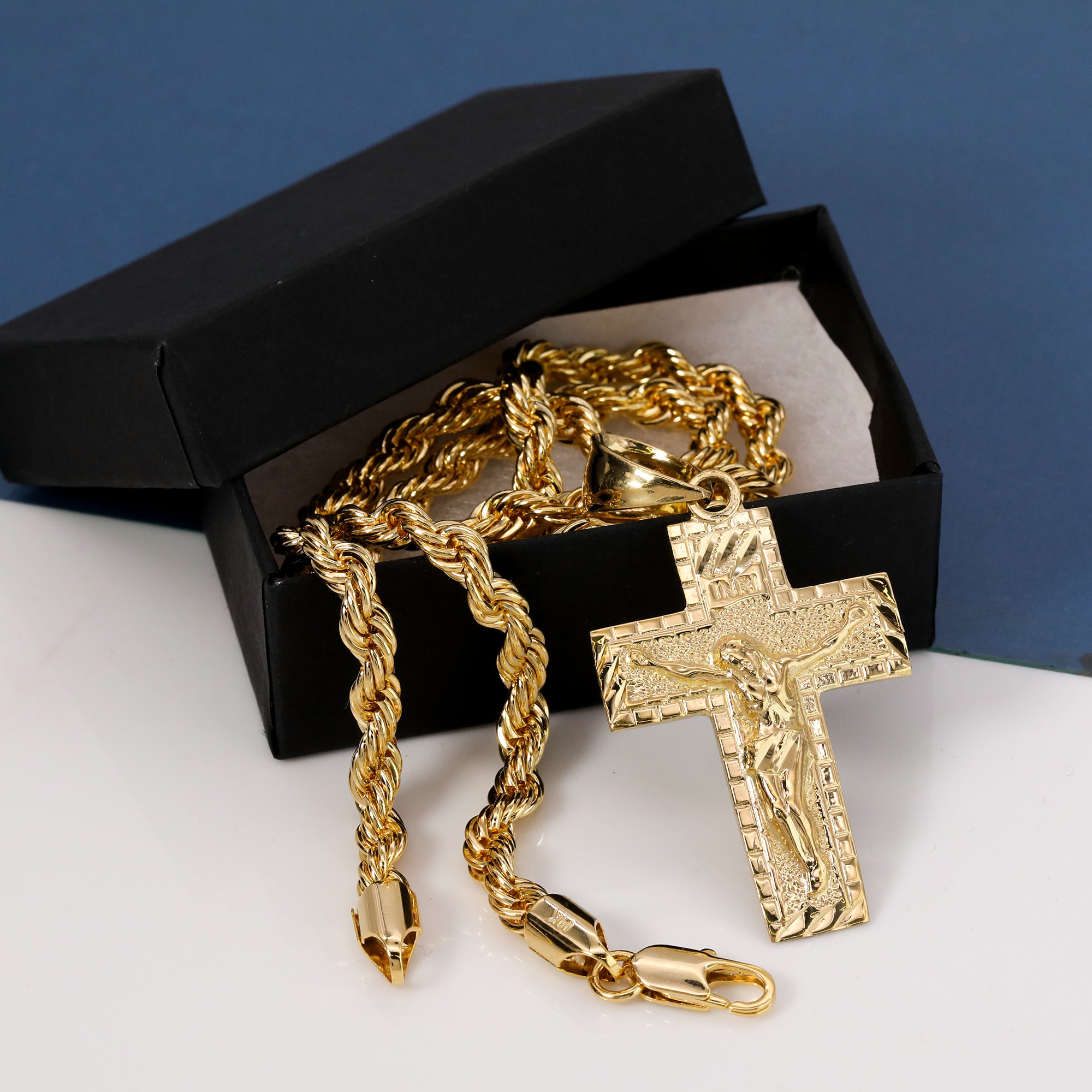 INRI Jesus Cross Pendant Rope Chain 14k Gold Plated