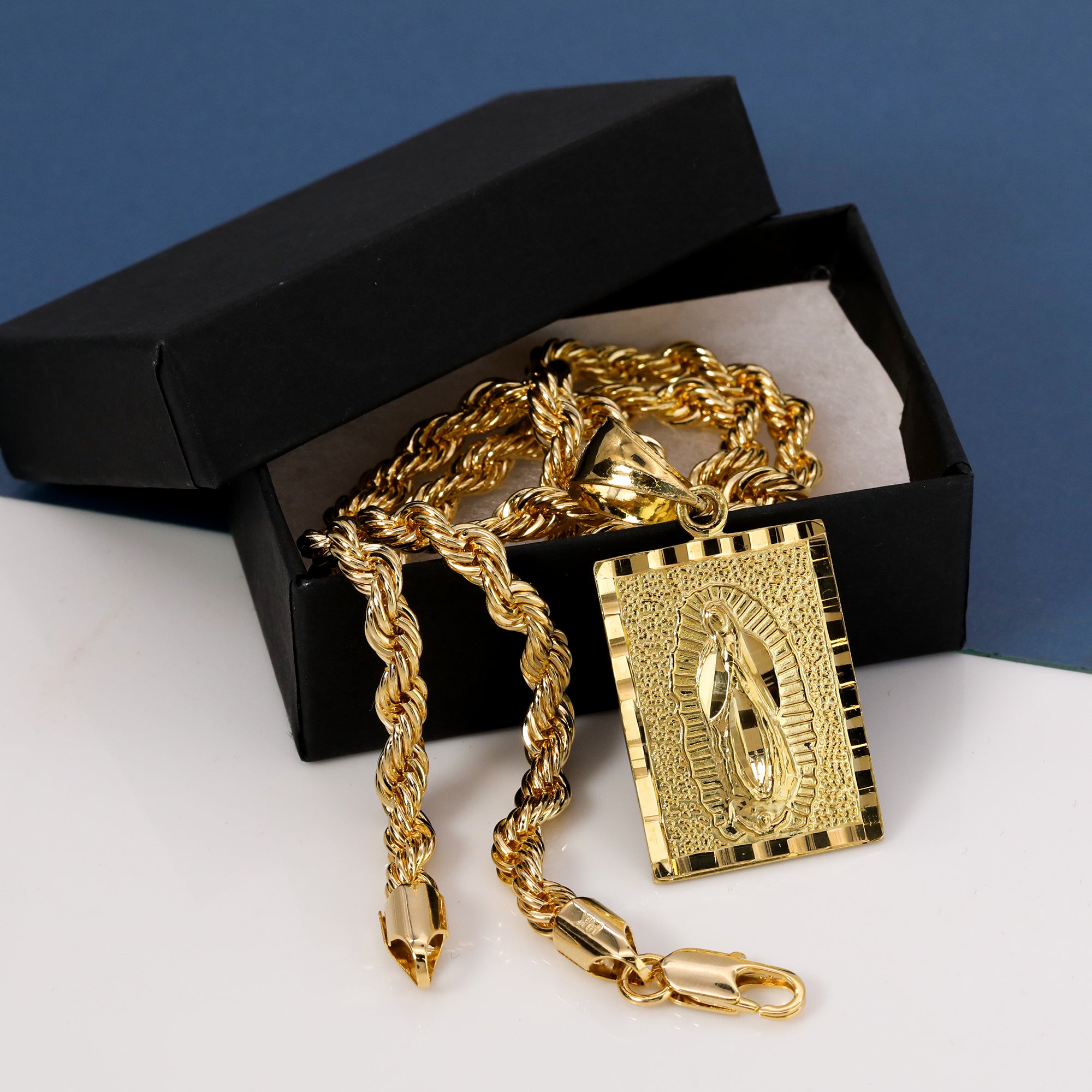 Block Virgin Mary Pendant Rope Chain 14k Gold Plated
