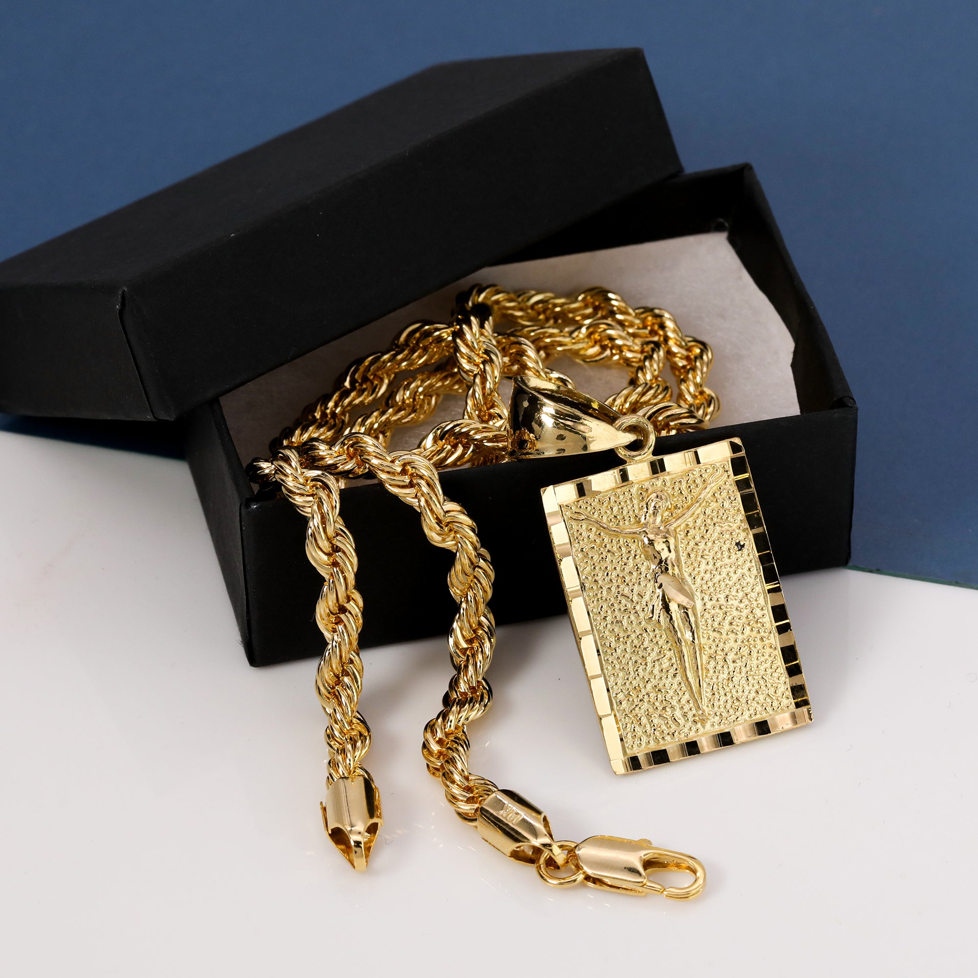 Square Jesus Pendant S4 Rope Chain 14k Gold Plated