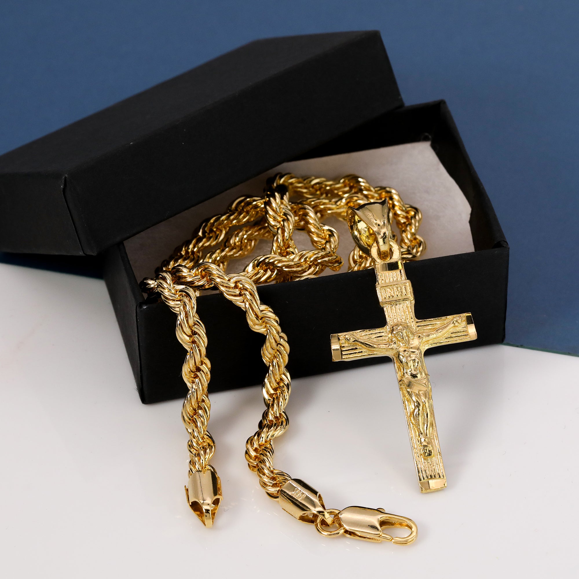 Jesus Cross Pendant S4 Rope Chain 14k Gold Plated
