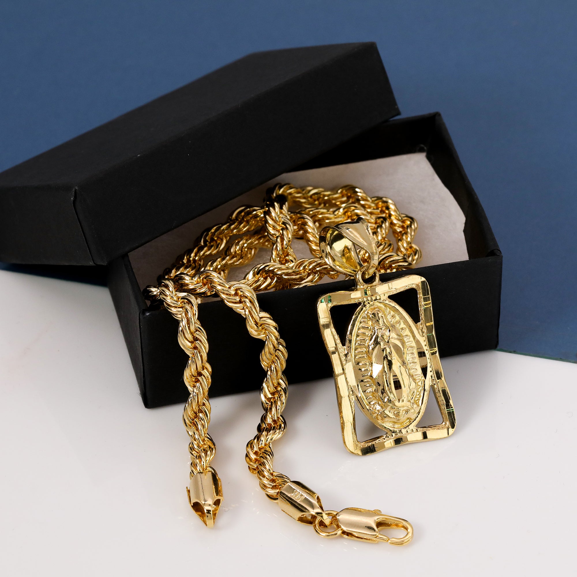 Hollow Virgin Mary Pendant Rope Chain 14k Gold Plated