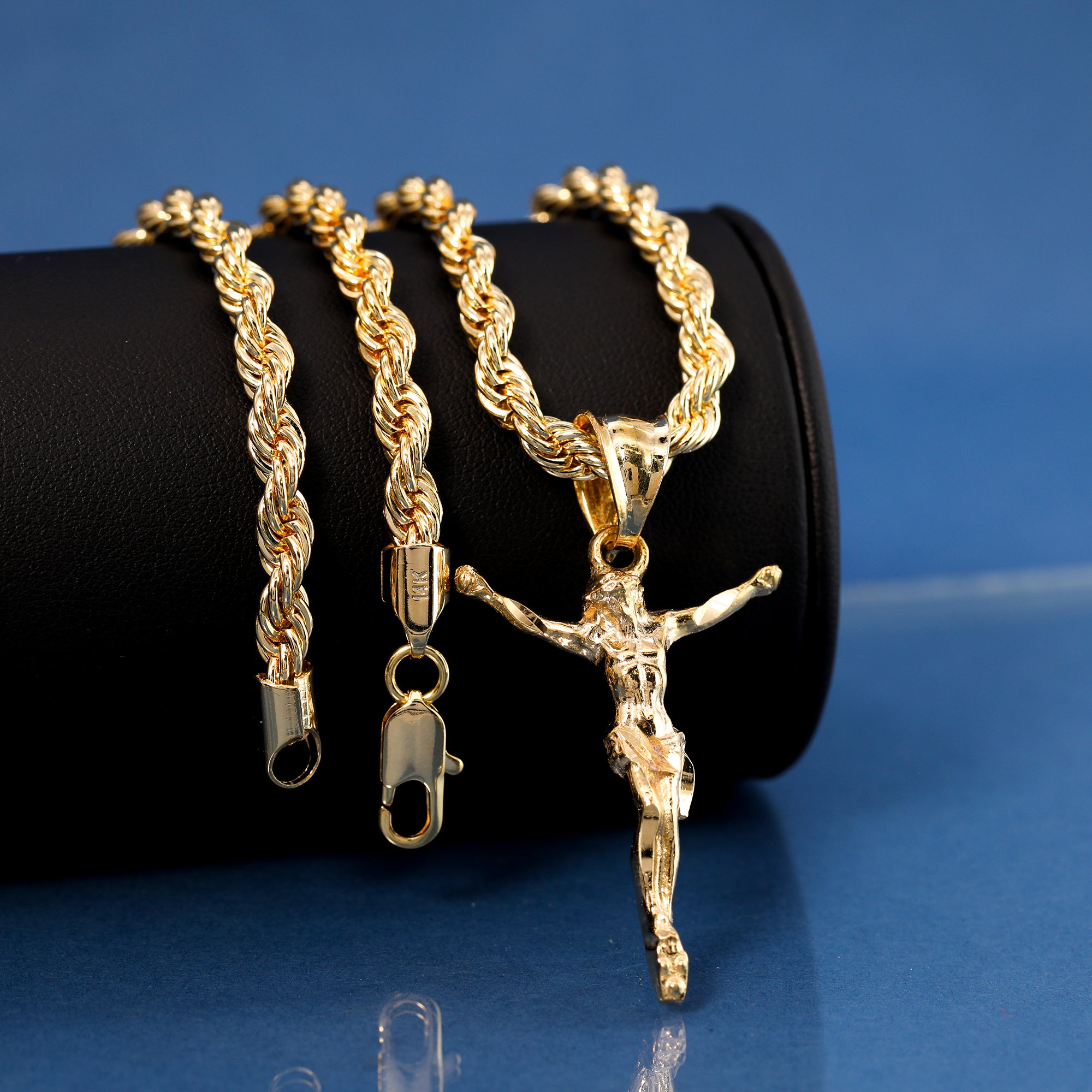 Jesus Crucifix Pendant Rope Chain 14k Gold Plated