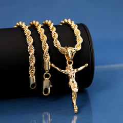 Jesus Crucifix Pendant Rope Chain 14k Gold Plated