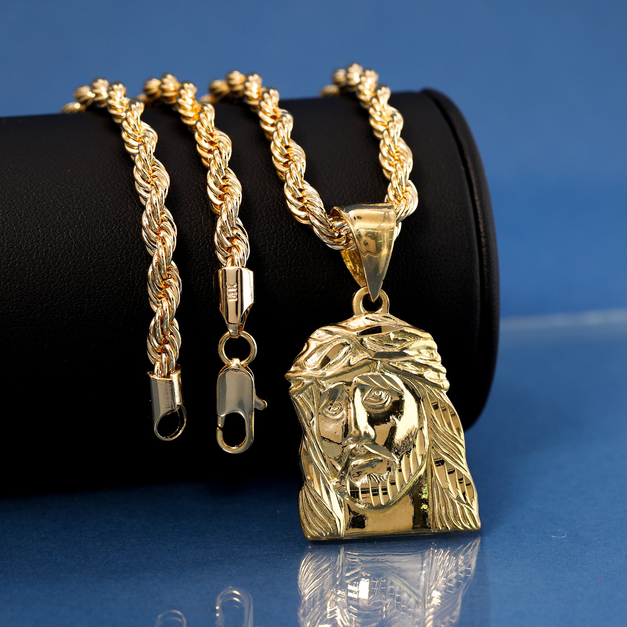 Jesus Wide Face Pendant Rope Chain 14k Gold Plated