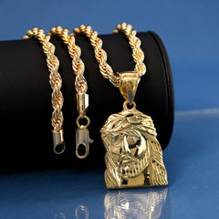 Jesus Wide Face Pendant Rope Chain 14k Gold Plated