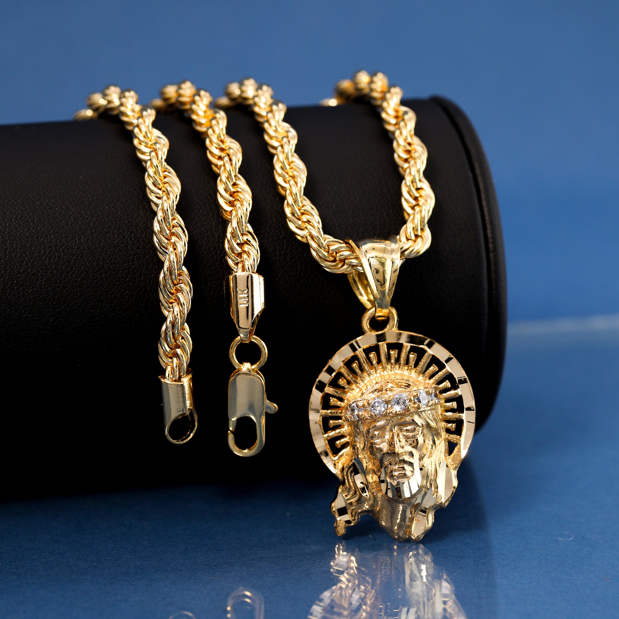 Jesus Halo Pendant Rope Chain 14k Gold Plated