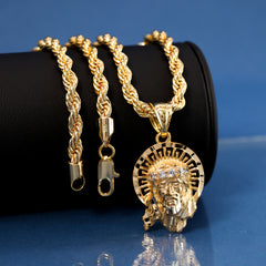 Jesus Halo Pendant Rope Chain 14k Gold Plated