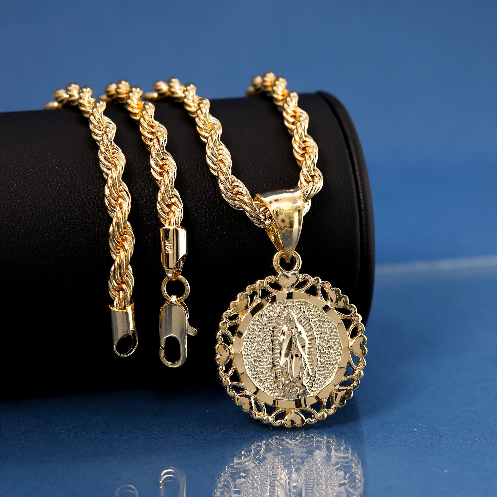 Heart Virgin Mary Pendant Rope Chain 14k Gold Plated