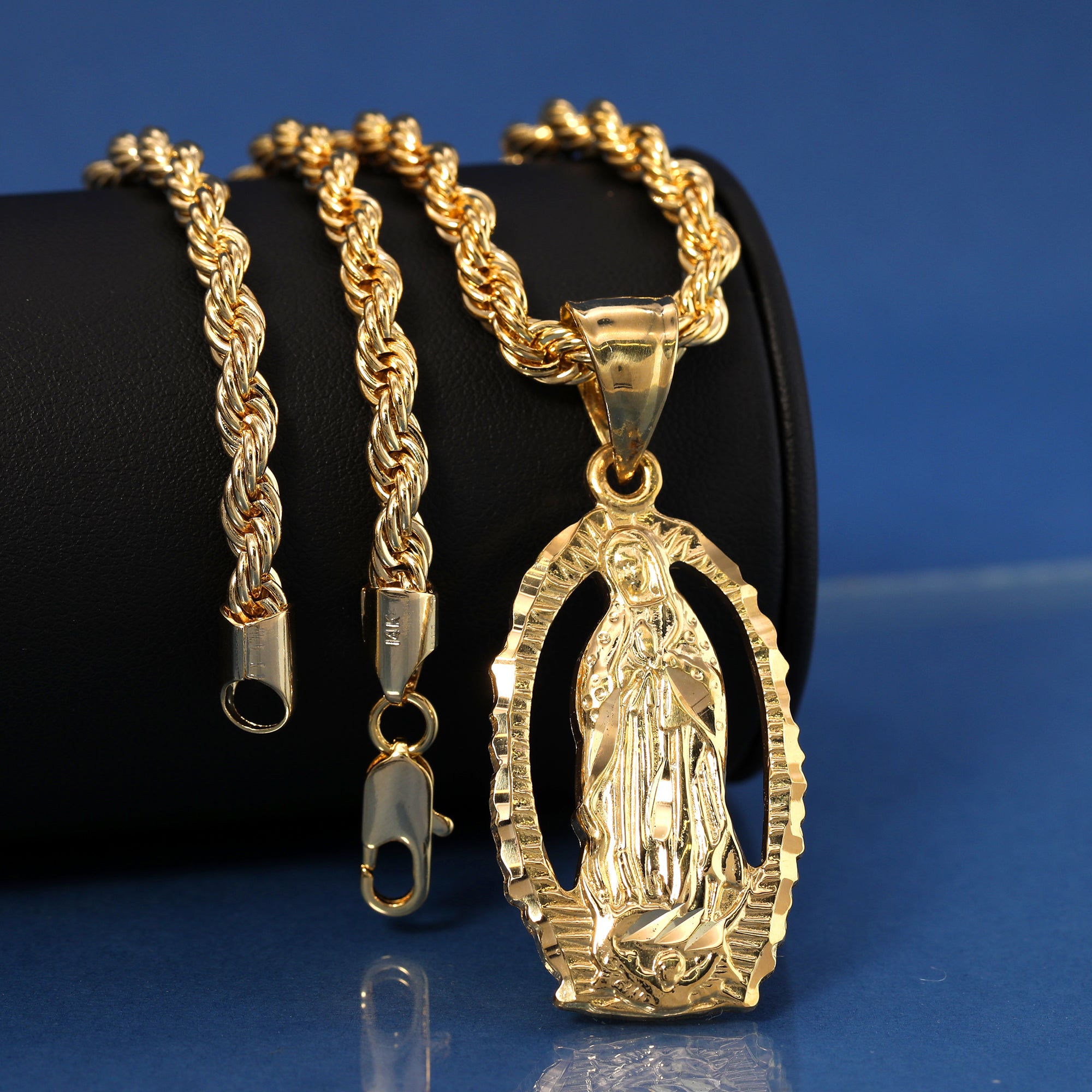 Hollow Virgin Mary Pendant Rope Chain 14k Gold Plated
