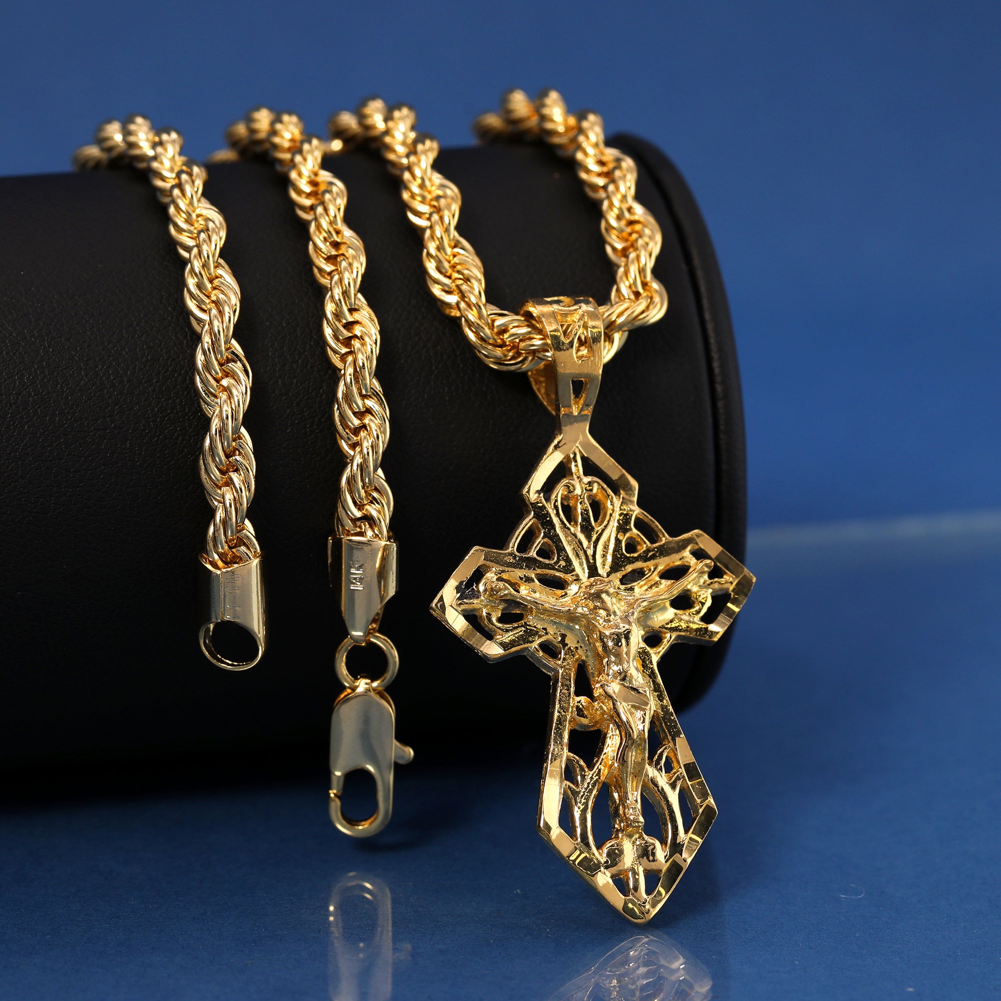 Sharp Hollow Cross Pendant Rope Chain 14k Gold Plated