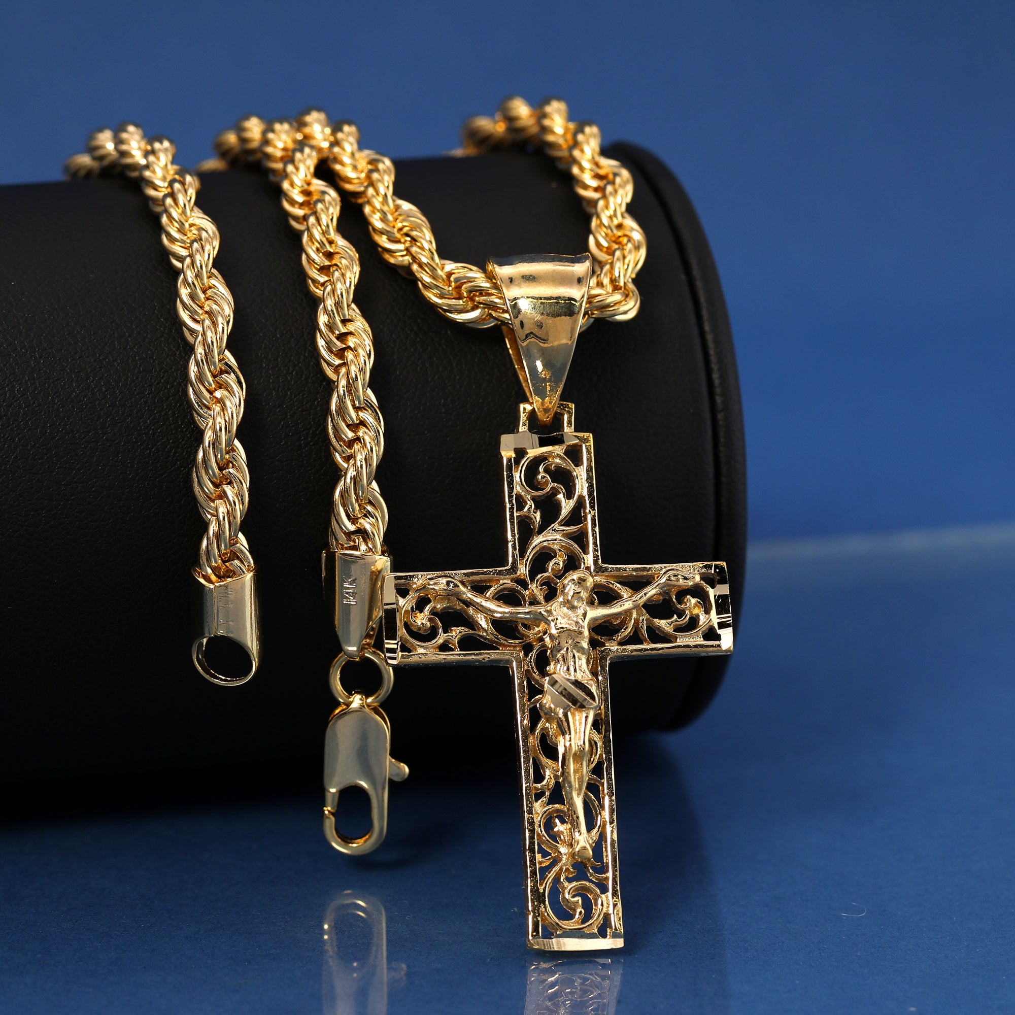 Jesus Hollow Cross Pendant Rope Chain 14k Gold Plated
