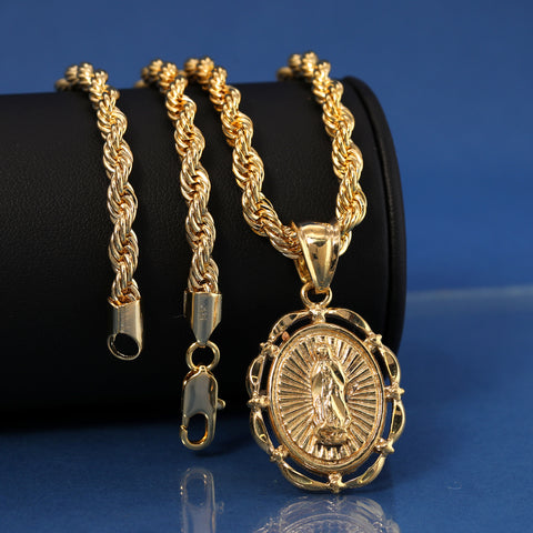 Hollow Round Virgin Mary Pendant Rope Chain 14k Gold Plated