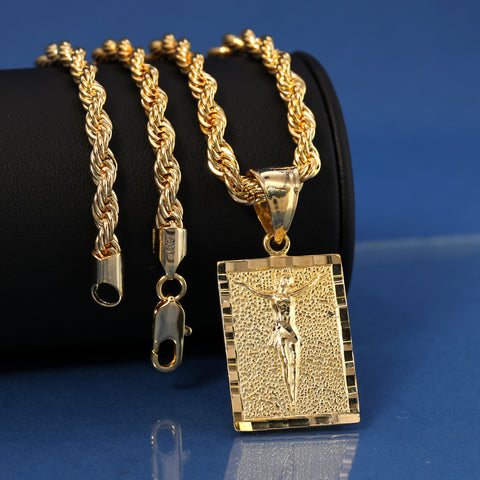 Square Jesus Pendant S4 Rope Chain 14k Gold Plated