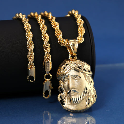 Jesus Thick Face Pendant Rope Chain 14k Gold Plated