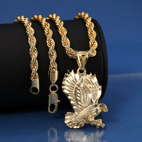 Eagle Pendant Rope Chain 14k Gold Plated