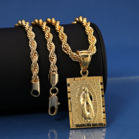Block Virgin Mary Pendant Rope Chain 14k Gold Plated