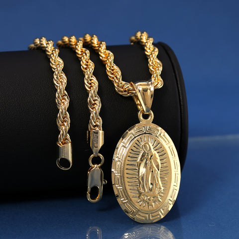 Thick Oval Mary Pendant Rope Chain 14k Gold Plated