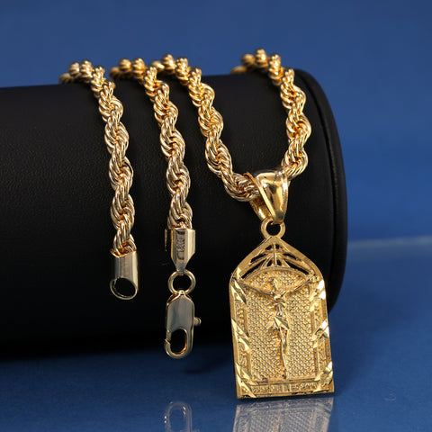 Jesus Temple Pendant Rope Chain 14k Gold Plated