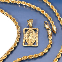 Hollow Virgin Mary Pendant Rope Chain 14k Gold Plated