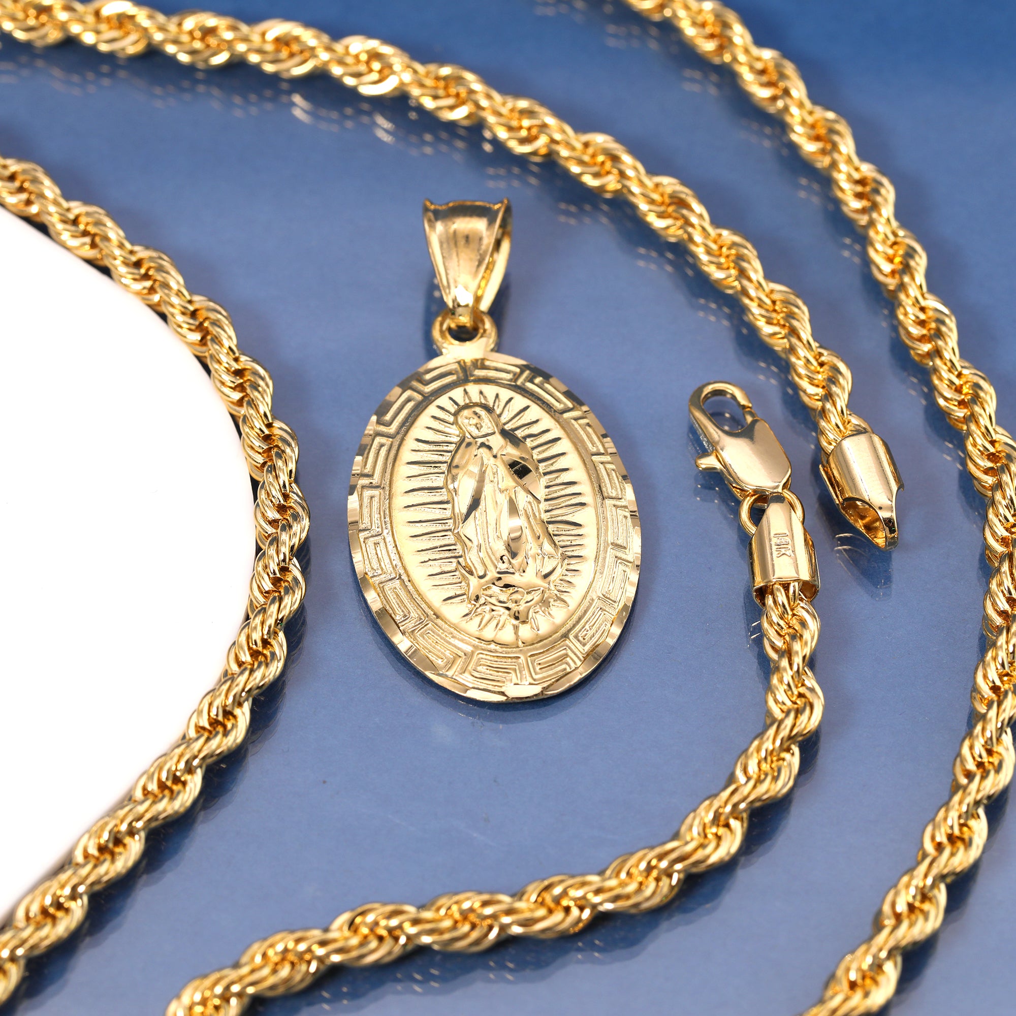 Thick Oval Mary Pendant Rope Chain 14k Gold Plated
