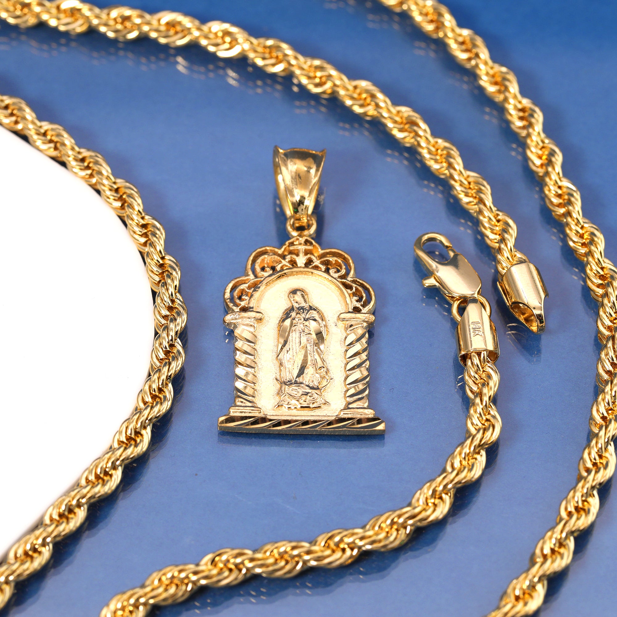 Chapel Virgin Mary Pendant Rope Chain 14k Gold Plated