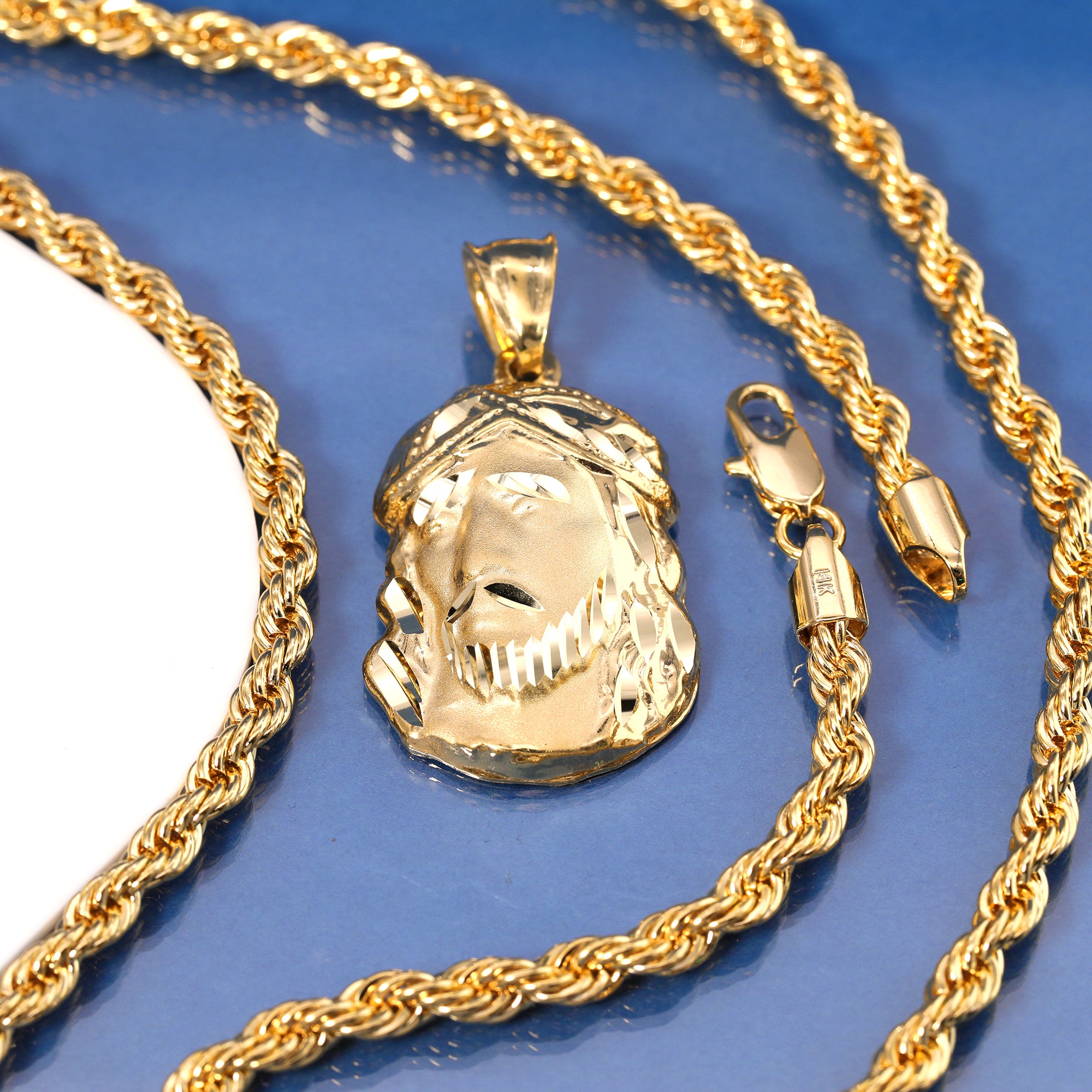 Jesus Thick Face Pendant Rope Chain 14k Gold Plated