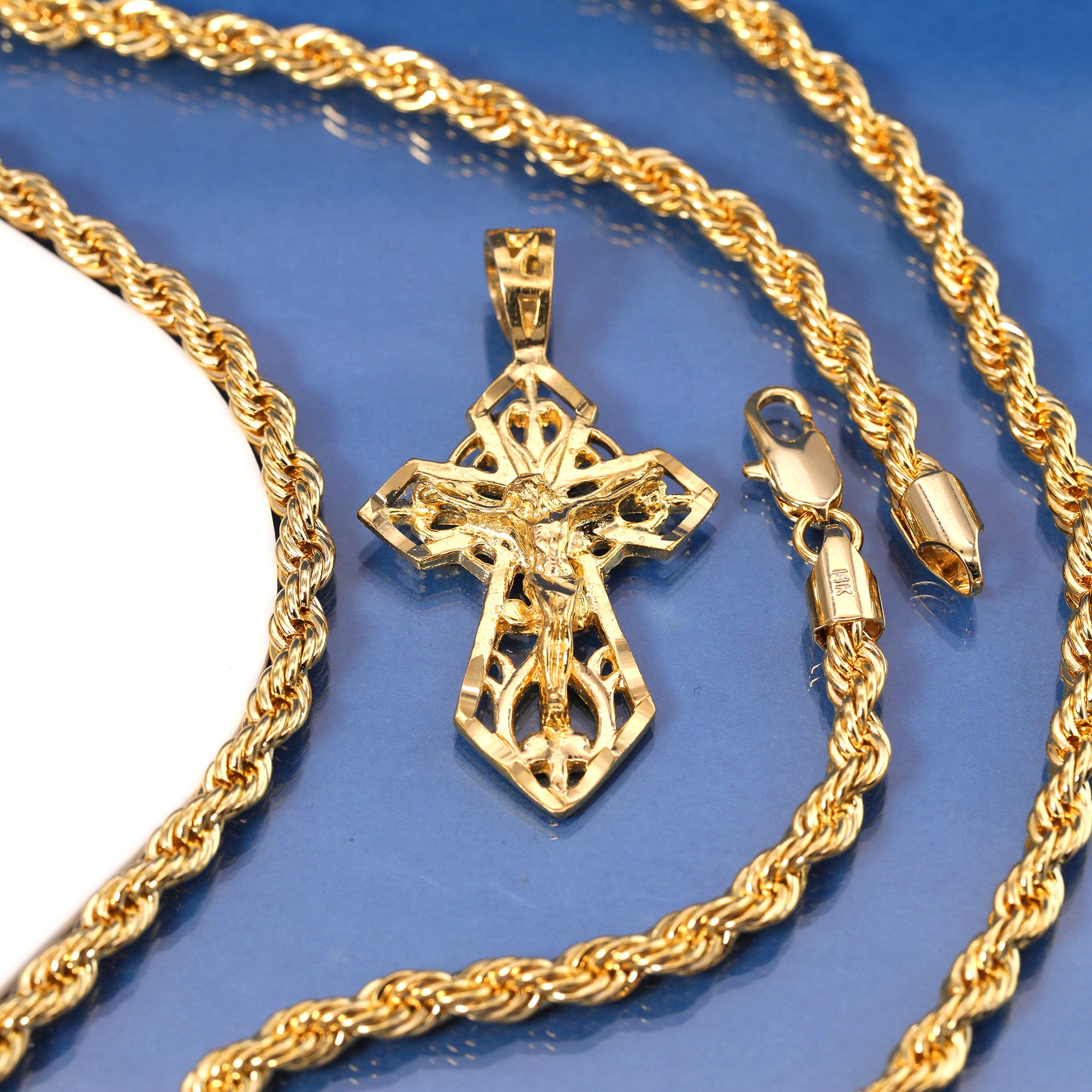 Sharp Hollow Cross Pendant Rope Chain 14k Gold Plated
