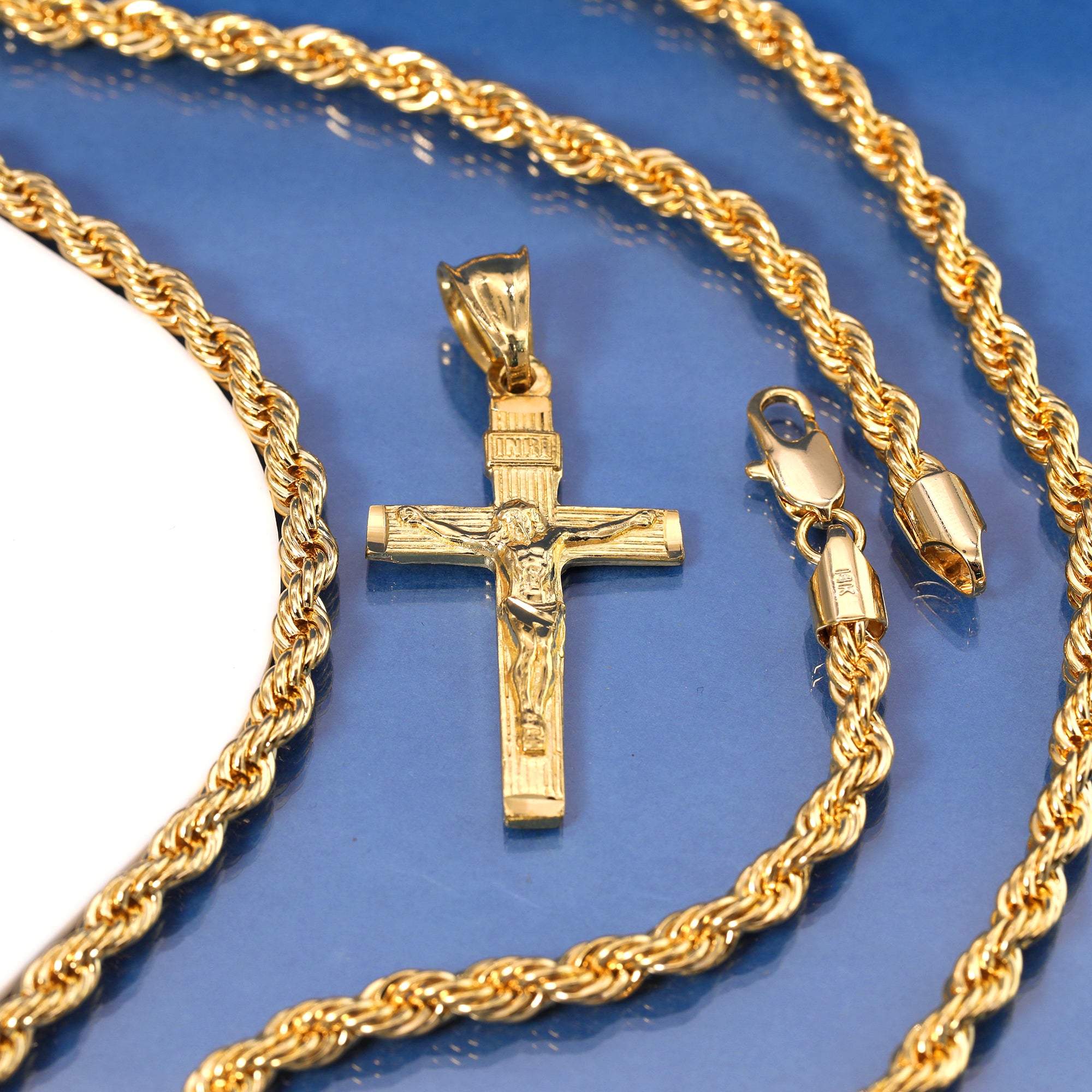 Jesus Cross Pendant S4 Rope Chain 14k Gold Plated