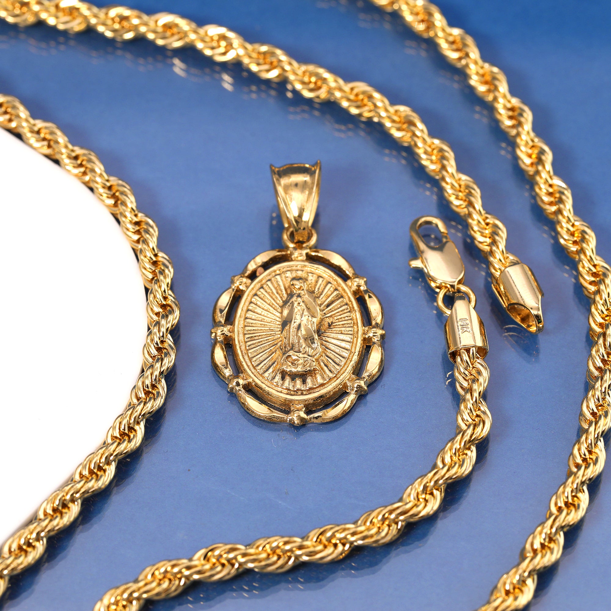 Hollow Round Virgin Mary Pendant Rope Chain 14k Gold Plated